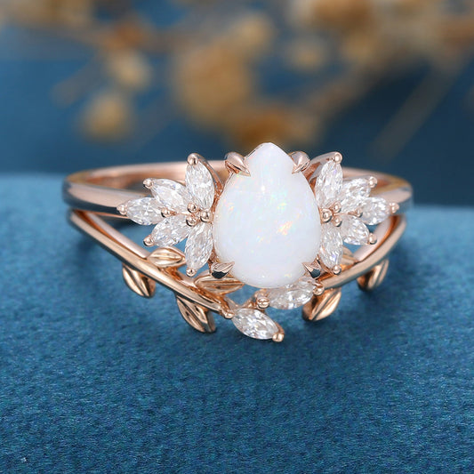 Pear Cut Opal Cluster  Bridal Engagement Ring Set Ring For Women Minimalist