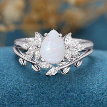 Pear Cut Opal Cluster  Bridal Engagement Ring Set Ring For Women Minimalist