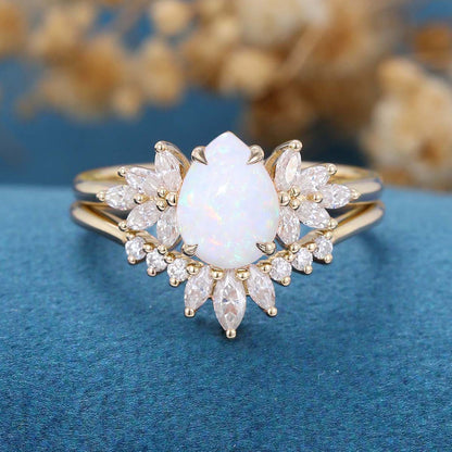 Pear Cut Opal Cluster Bridal Matching Engagement Ring Set For Her Anniversary Ring