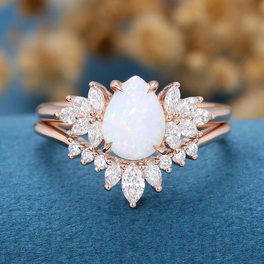 Pear Cut Opal Cluster Bridal Matching Engagement Ring Set For Her Anniversary Ring