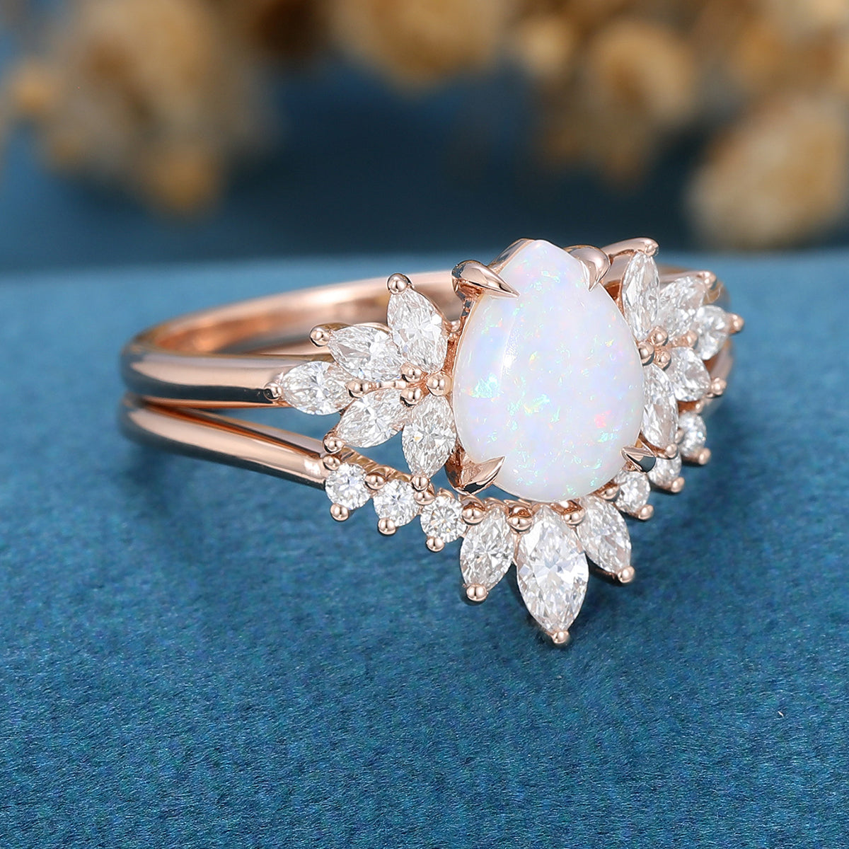 Pear Cut Opal Cluster Bridal Matching Engagement Ring Set For Her Anniversary Ring