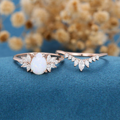 Pear Cut Opal Cluster Bridal Matching Engagement Ring Set For Her Anniversary Ring