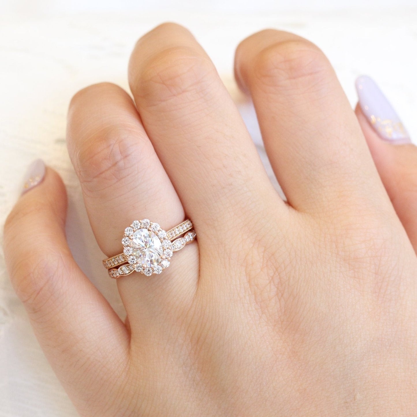 Oval Cut Moissanite Halo Bridal Ring Set Wedding Ring