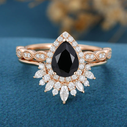 Pear Cut Black Stone Halo Moissanite Bridal Engagement Ring Set Vintage Ring