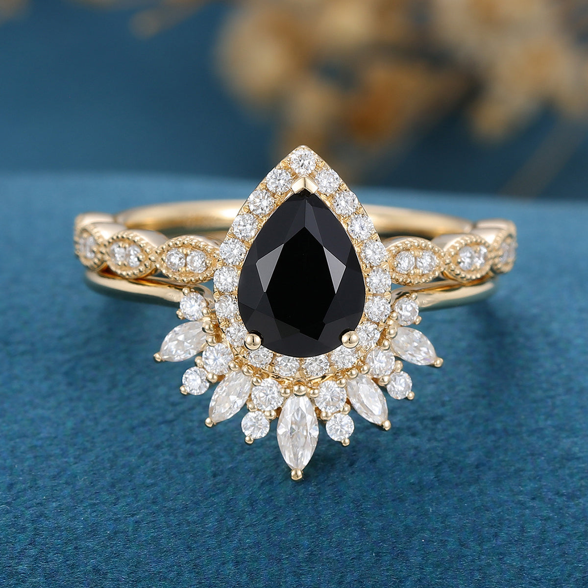 Pear Cut Black Stone Halo Moissanite Bridal Engagement Ring Set Vintage Ring