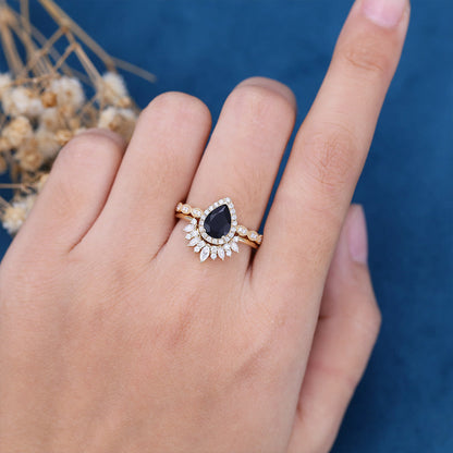 Pear Cut Black Stone Halo Moissanite Bridal Engagement Ring Set Vintage Ring