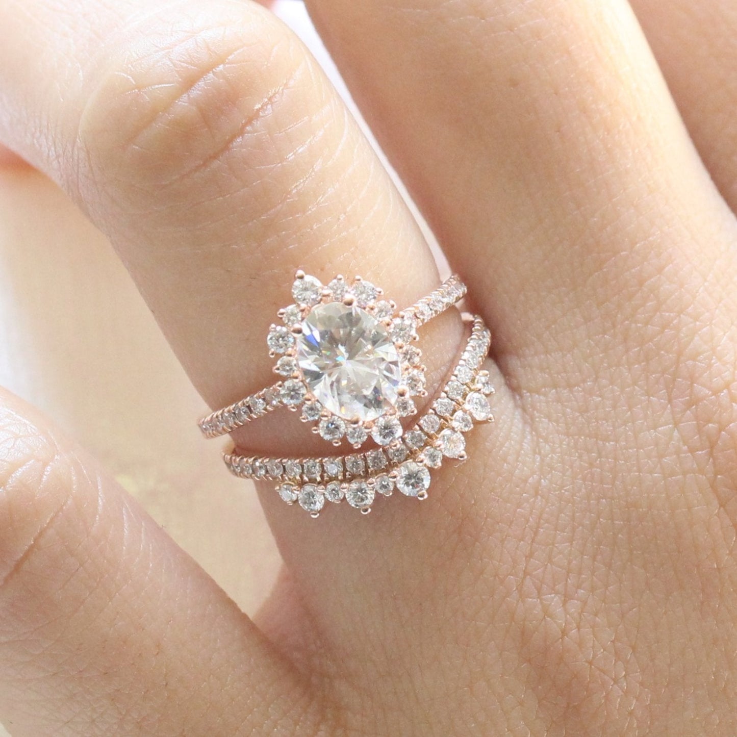 Oval Cut Moissanite Halo Bridal Ring Set Engagement Ring