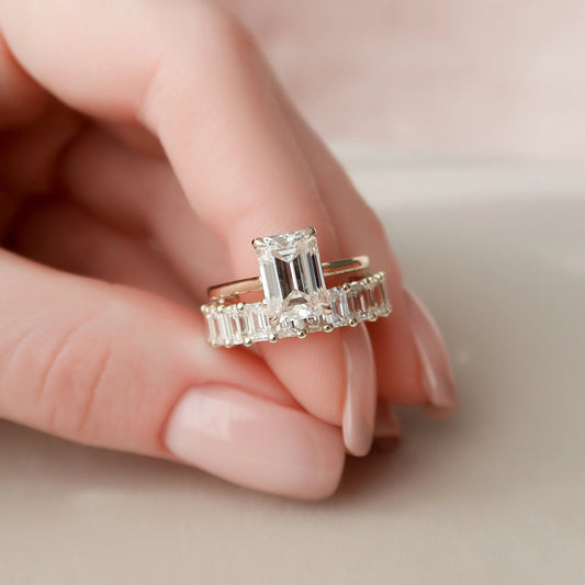 Emerald Cut Moissanite Solitaire Hidden Halo Bridal Engagement Ring Set