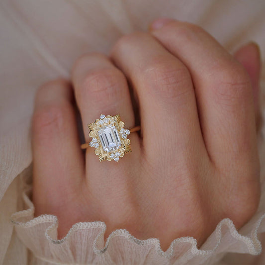 2.0 Ct Emerald Cut Moissanite Diamond Vintage Engagement Ring