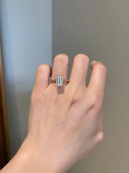 Emerald Cut Hidden Halo Solitaire Moissanite Diamond Engagement Ring