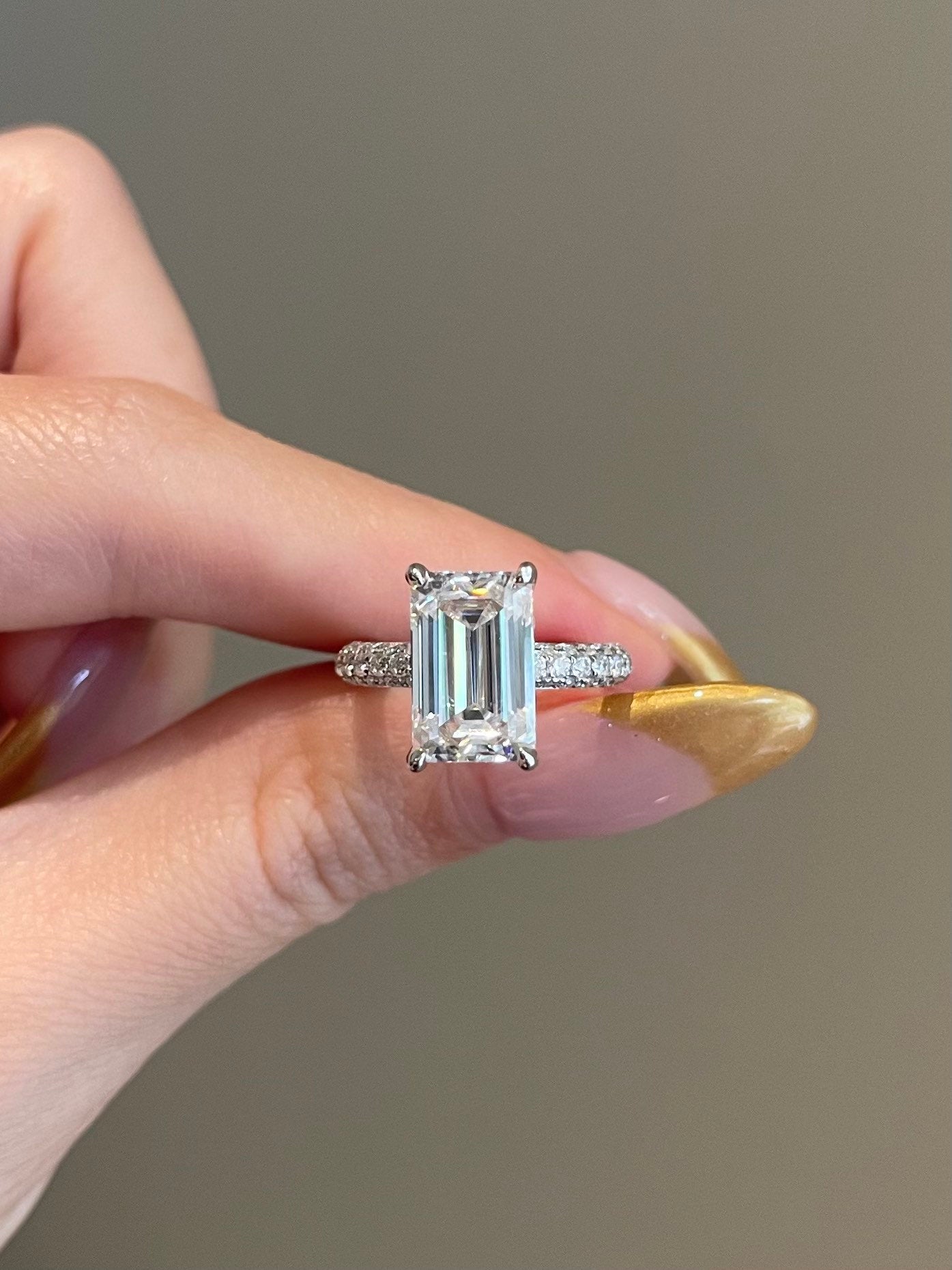 Emerald Cut Hidden Halo Moissanite Diamond Engagement Ring