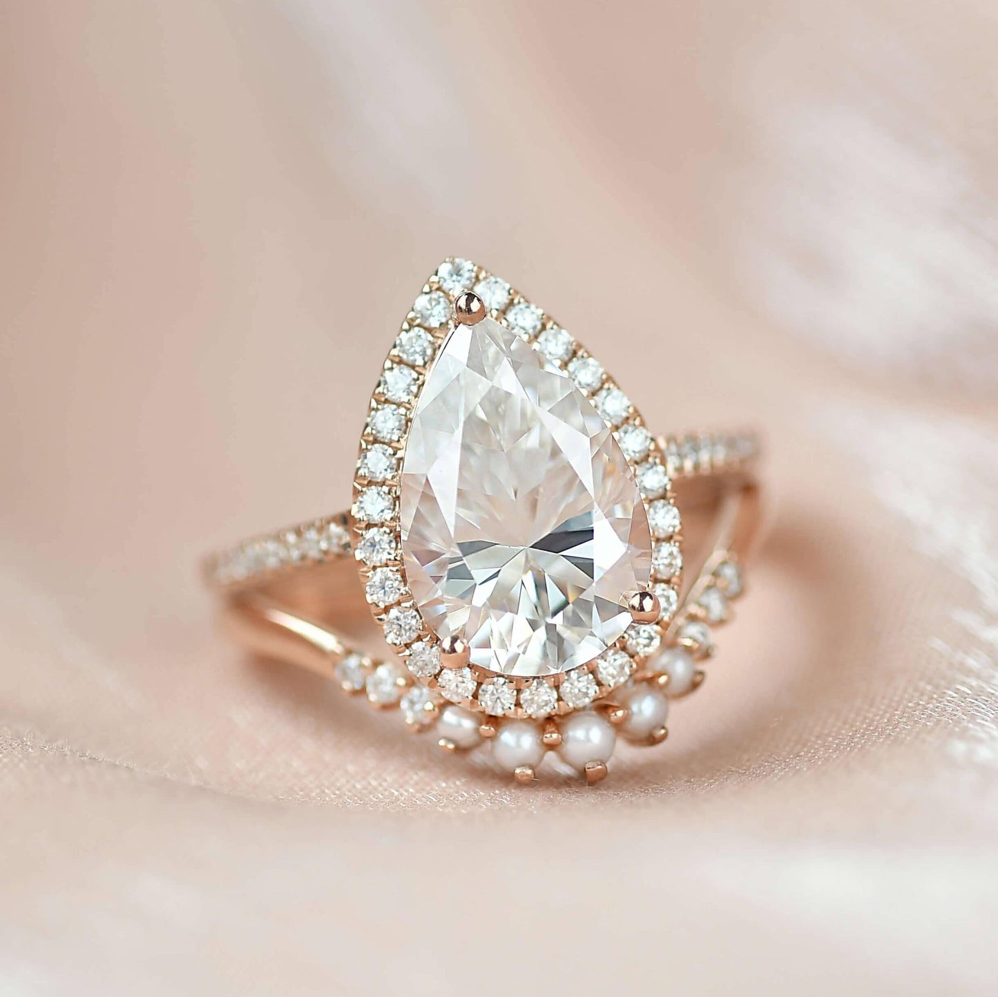 Pear Cut Bridal Engagement Ring Set & Pearl Classic Halo Ring For Her