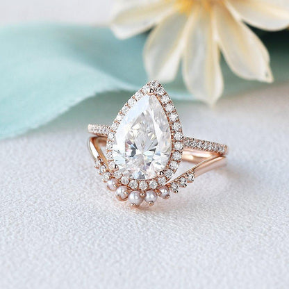 Pear Cut Bridal Engagement Ring Set & Pearl Classic Halo Ring For Her