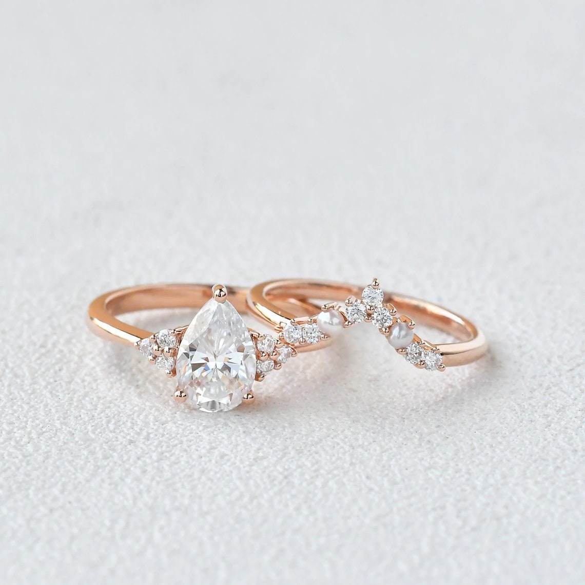 Pear Cut Moissanite Engagement Ring  Halo Bridal Set