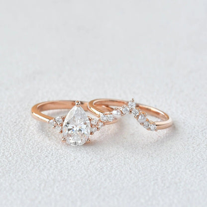 Pear Cut Moissanite Engagement Ring  Halo Bridal Set