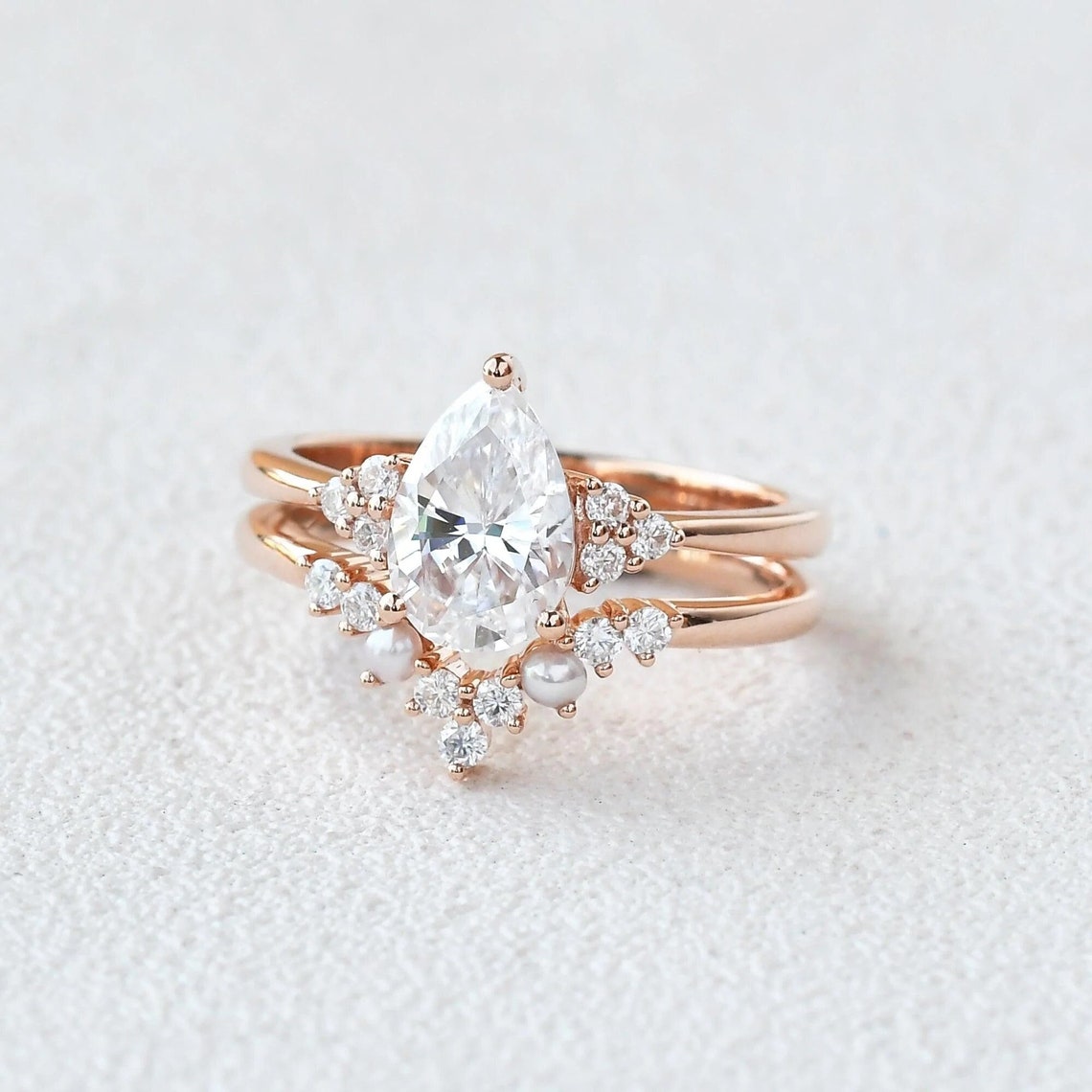 Pear Cut Moissanite Engagement Ring  Halo Bridal Set