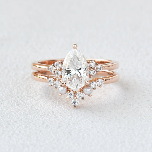 Pear Cut Moissanite Engagement Ring  Halo Bridal Set