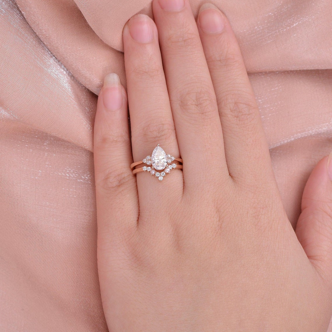 Pear Cut Moissanite Engagement Ring  Halo Bridal Set