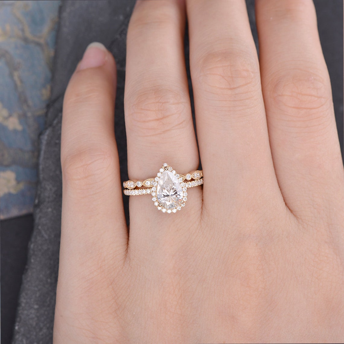 Pear Shaped Moissanite Engagement Ring Bridal Set Halo Diamond Wedding Ring