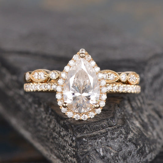 Pear Shaped Moissanite Engagement Ring Bridal Set Halo Diamond Wedding Ring