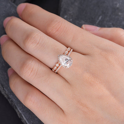 Pear Shaped Moissanite Engagement Ring Bridal Set Halo Diamond Wedding Ring