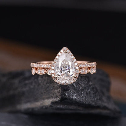 Pear Shaped Moissanite Engagement Ring Bridal Set Halo Diamond Wedding Ring