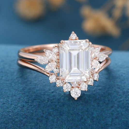 Emerald Cut Moissanite Bridal Engagement Ring Set Vintage Gemstone