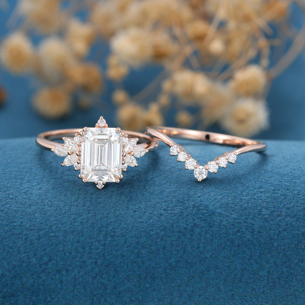 Emerald Cut Moissanite Bridal Engagement Ring Set Vintage Gemstone