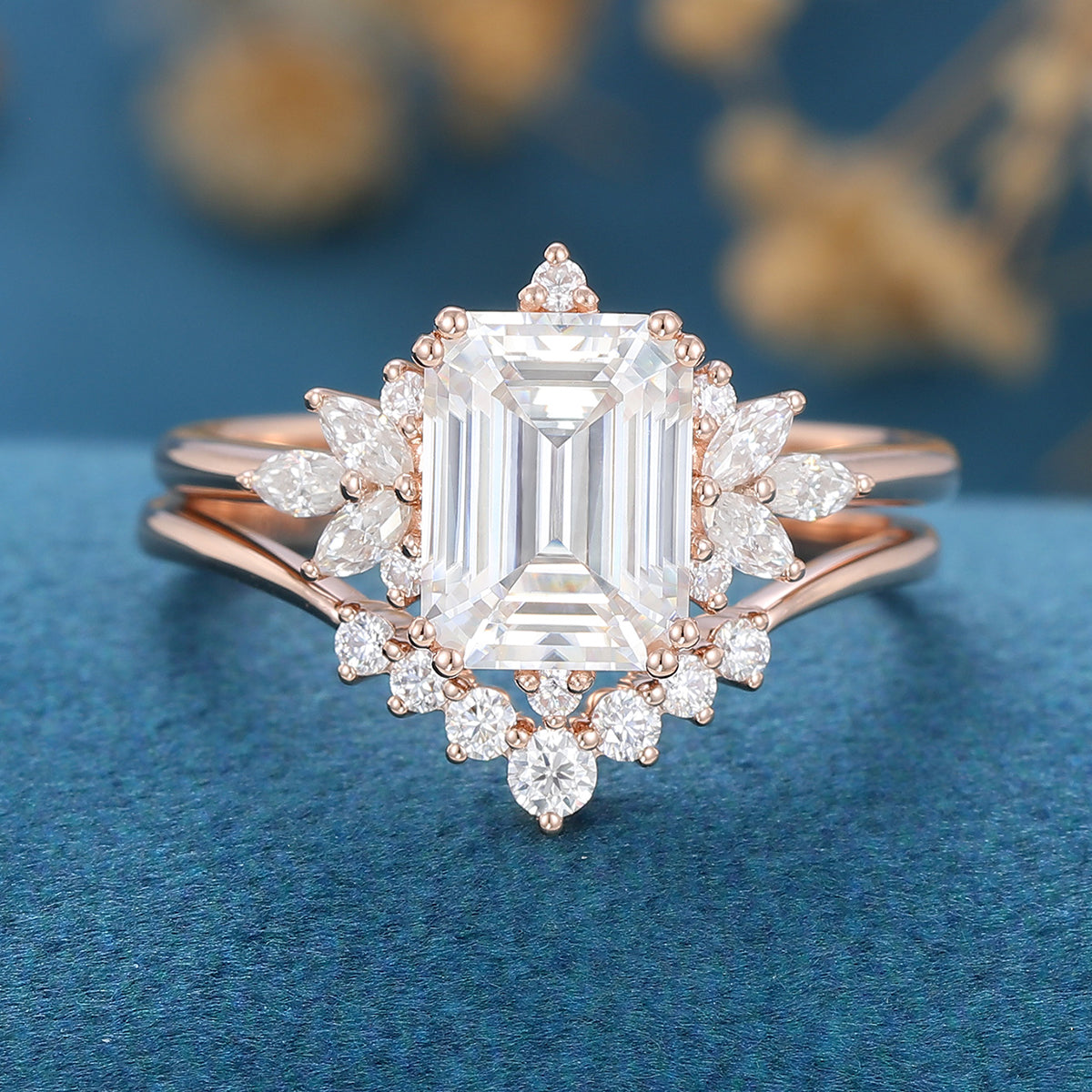 Emerald Cut Moissanite Bridal Engagement Ring Set Vintage Gemstone