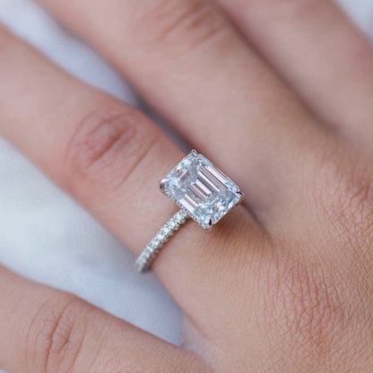 3.25 CT Emerald Cut Moissanite Hidden Halo Pave Engagement Ring - Eurus engagement rings