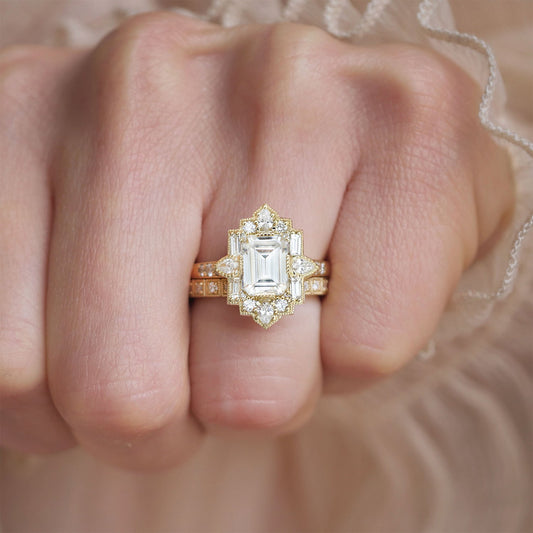 1.50 Ct Emerald Cut Moissanite Diamond Vintage Halo Engagement Ring