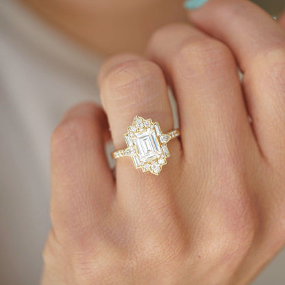 1.50 Ct Emerald Cut Moissanite Diamond Vintage Halo Engagement Ring