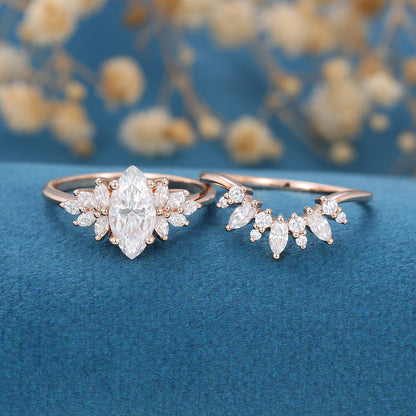 Vintage 1 CT Marquise Cut Moissanite Cluster Bridal Matching Set Engagement Ring For Womens