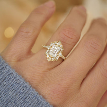 1.50 Ct Emerald Cut Moissanite Diamond Vintage Halo Engagement Ring