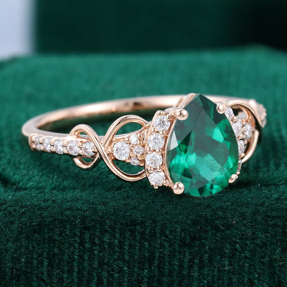 Pear Cut Green Stone Unique Design Engagement Ring For Women