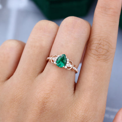 Pear Cut Green Stone Unique Design Engagement Ring For Women