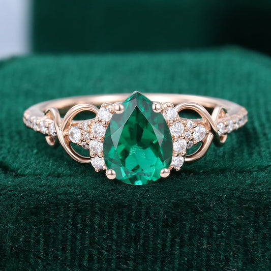 Pear Cut Green Stone Unique Design Engagement Ring For Women