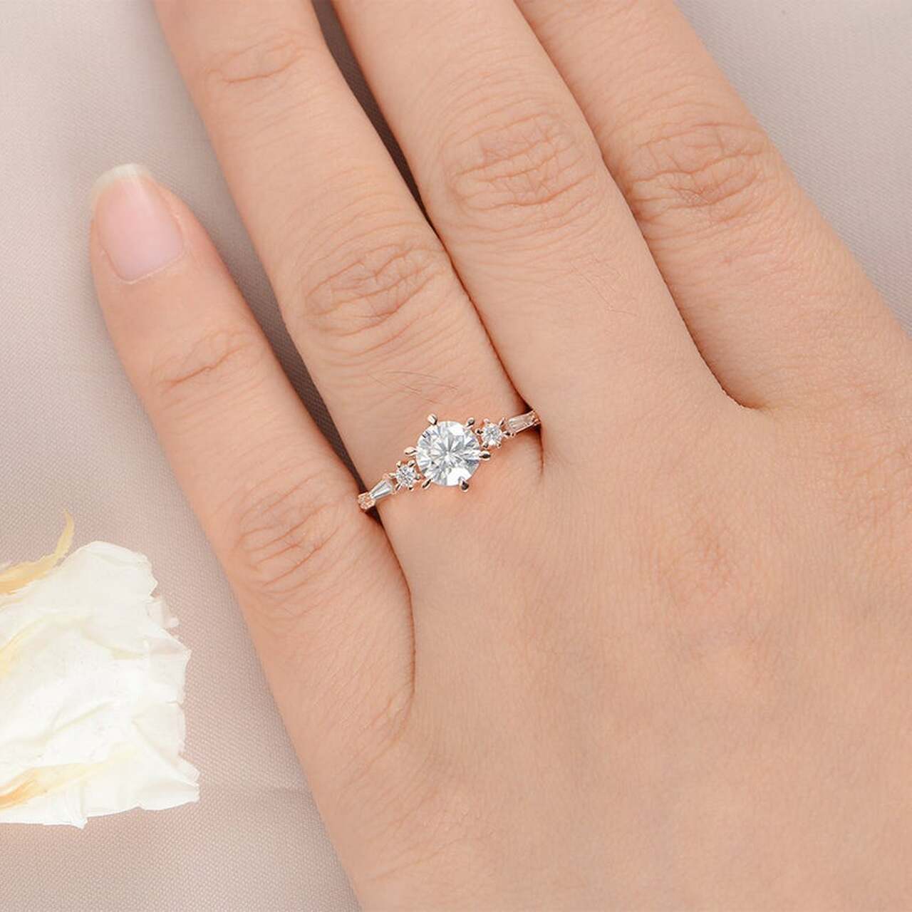 Round Brilliant Cut Five Stone Minimalist Style Moissanite Engagement Ring / Dainty Ring For Her