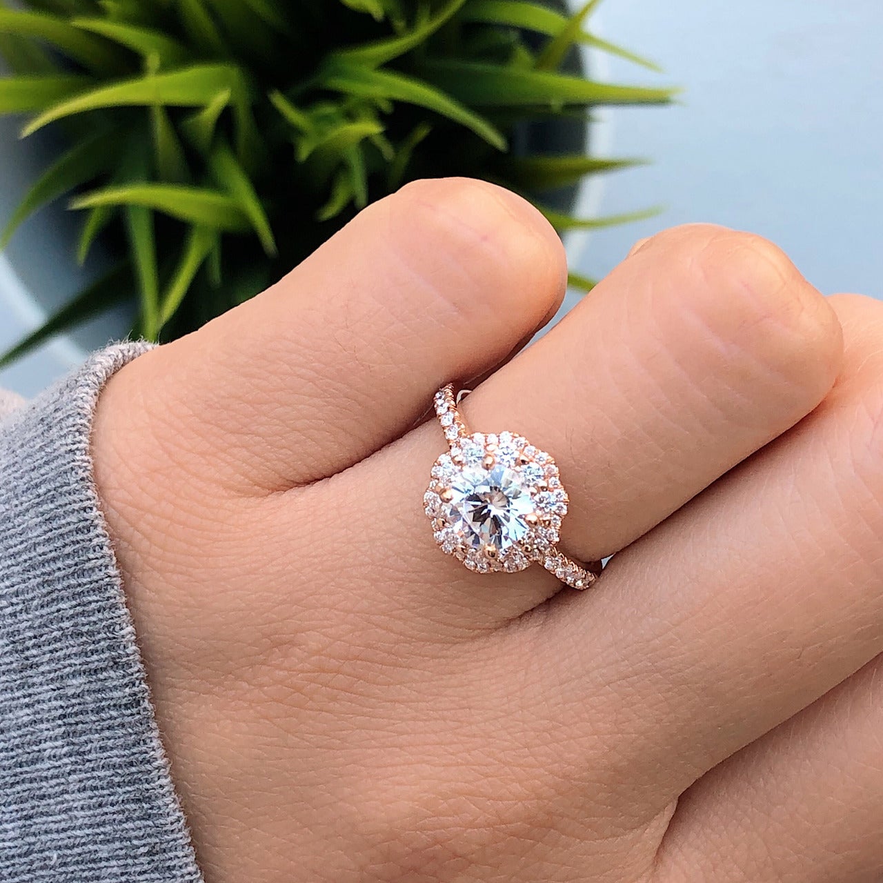 Round Cut Floral Double Halo Style Moissanite Engagement Ring Dainty Ring