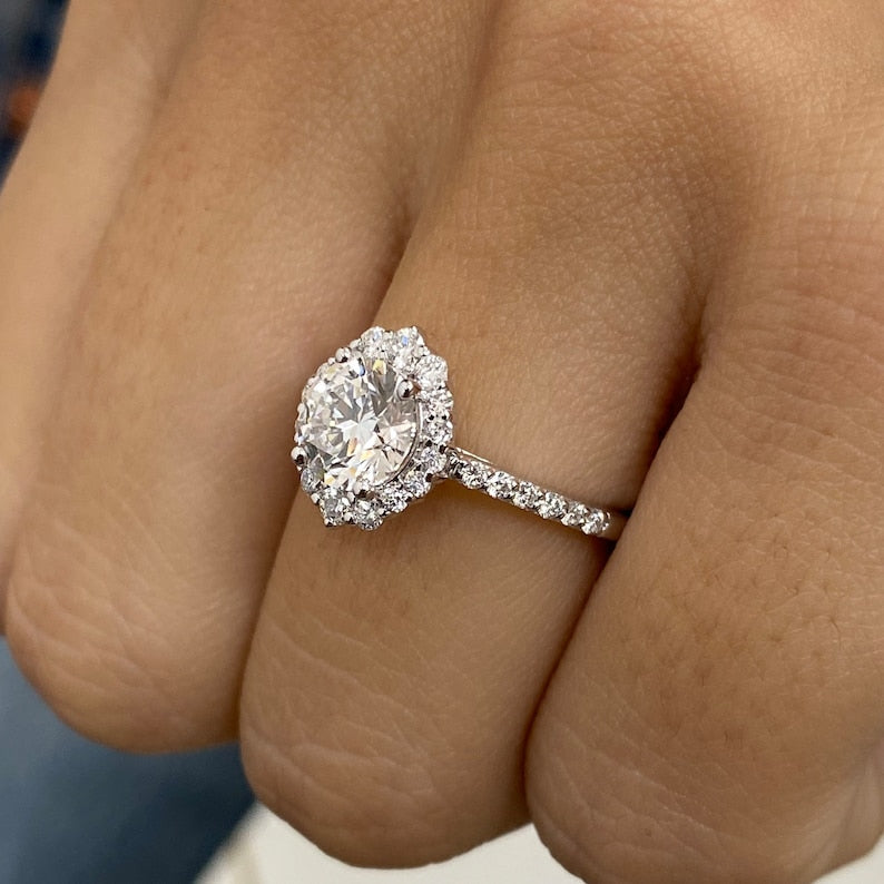 Brilliant Round Moissanite Diamond Halo & Pave Setting Engagement Ring