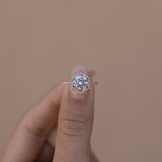 Round Moissanite Halo Diamond Ring / Half Paved Engagement Ring Gift For Her