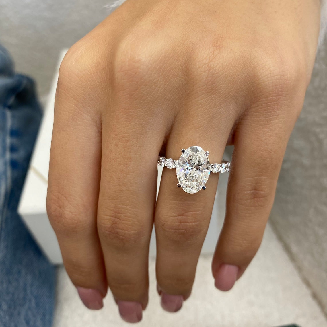 Oval Moissanite Hidden Halo & Pave Setting Engagement Ring Minimalist