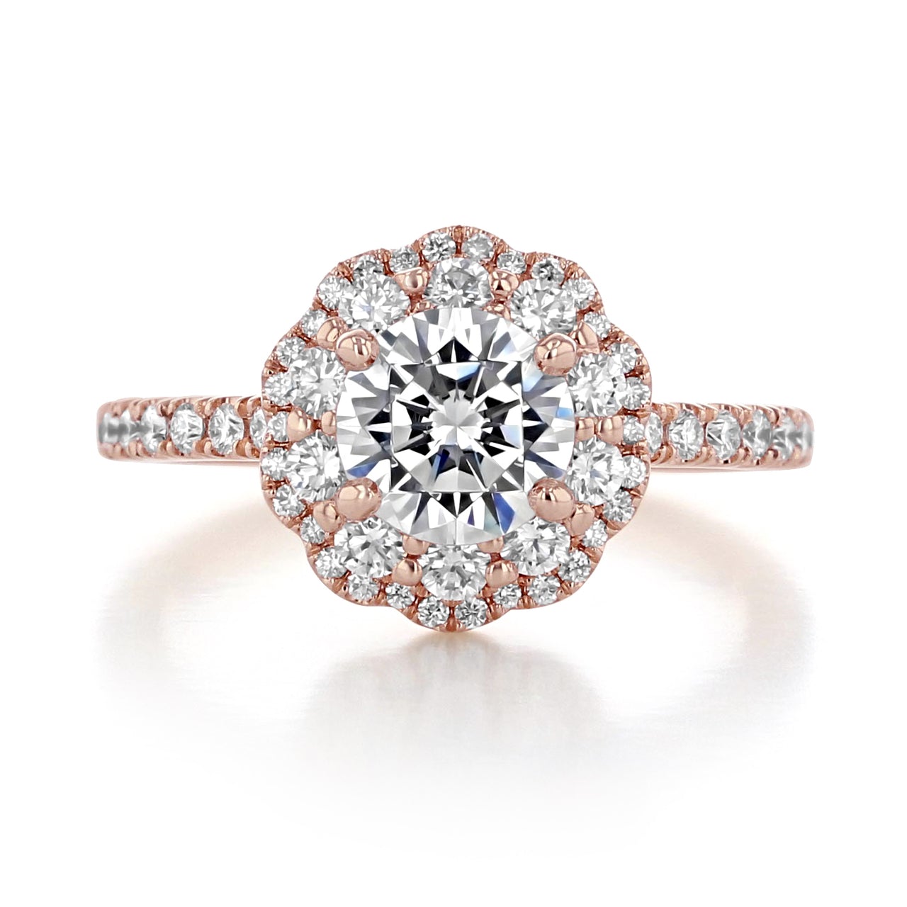 Round Cut Floral Double Halo Style Moissanite Engagement Ring Dainty Ring