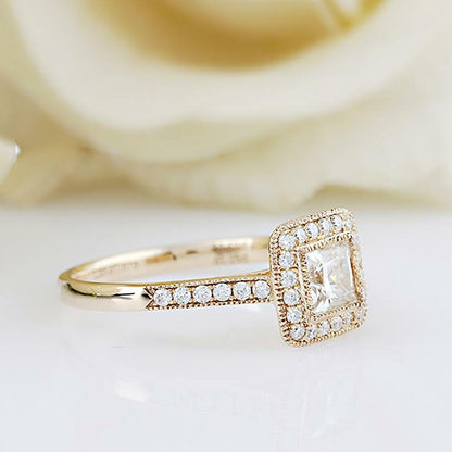 Princess Cut Unique Halo Moissanite Diamond Engagement Ring Valentine Gift For Her