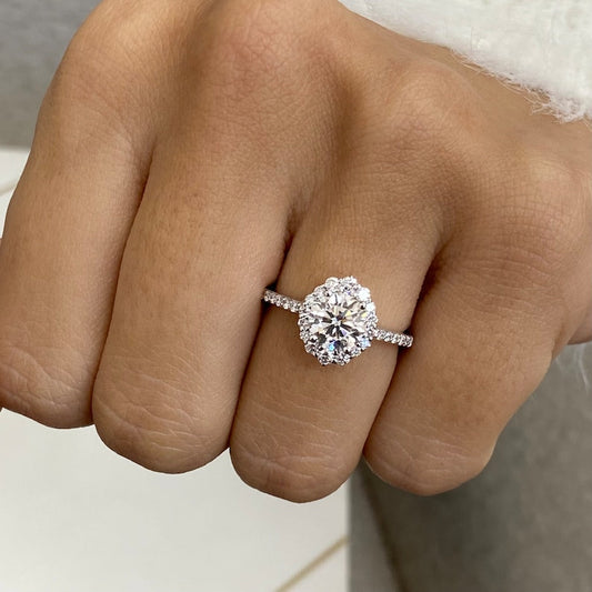 Brilliant Round Moissanite Diamond Halo & Pave Setting Engagement Ring