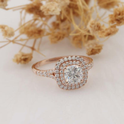 Cushion Cut Double Halo Moissanite Diamond Engagement Side Accent Stone Ring