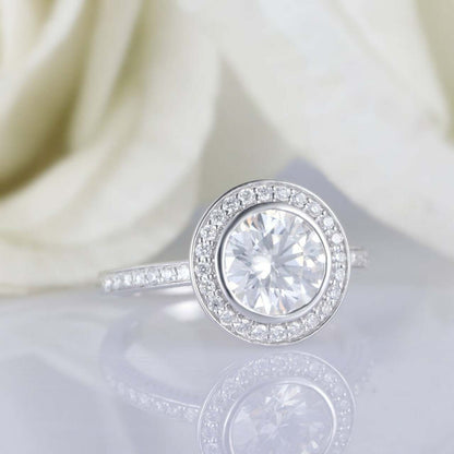 Round Brilliant Cut Halo Moissanite Engagement Ring Vintage Ring / Art Deco Single Halo Ring