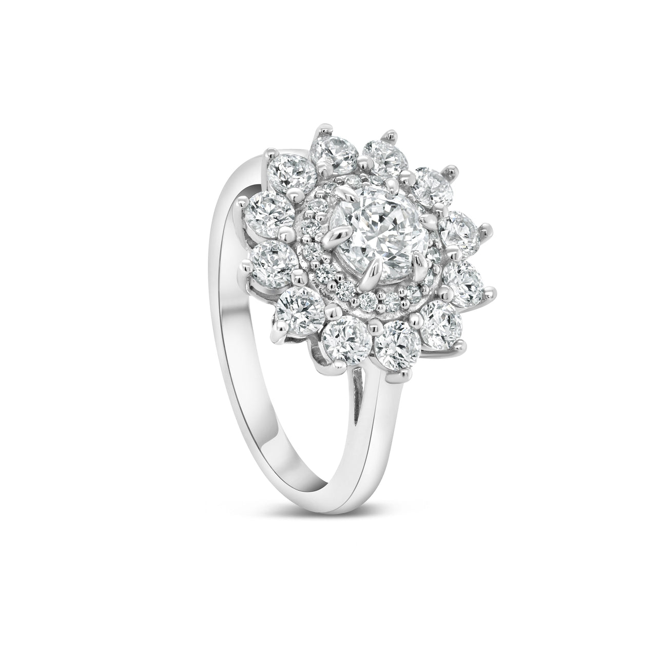 Round Cut Moissanite Floral Halo Engagement Ring Flower Design Ring