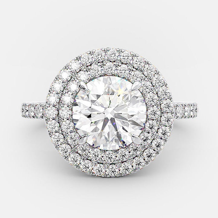 Round Brilliant Cut Double Halo Paved Engagement Ring Diamond Cluster Ring