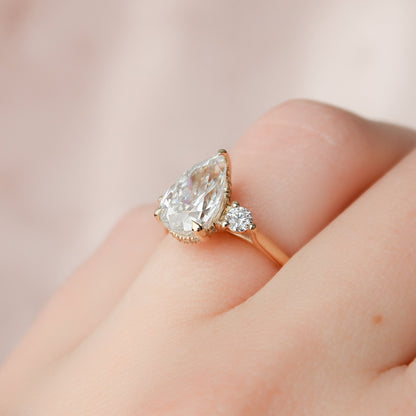 Pear Cut Three Stone Moissanite Diamond Engagement Ring